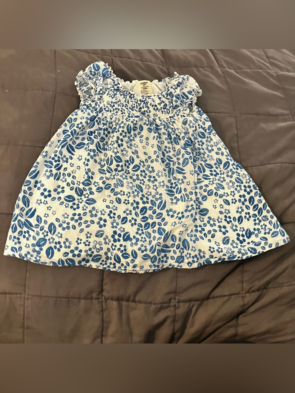 OshKosh B'gosh Toddler Girls Dress Size 2T Blue White Floral Leaf Smocked Cotton